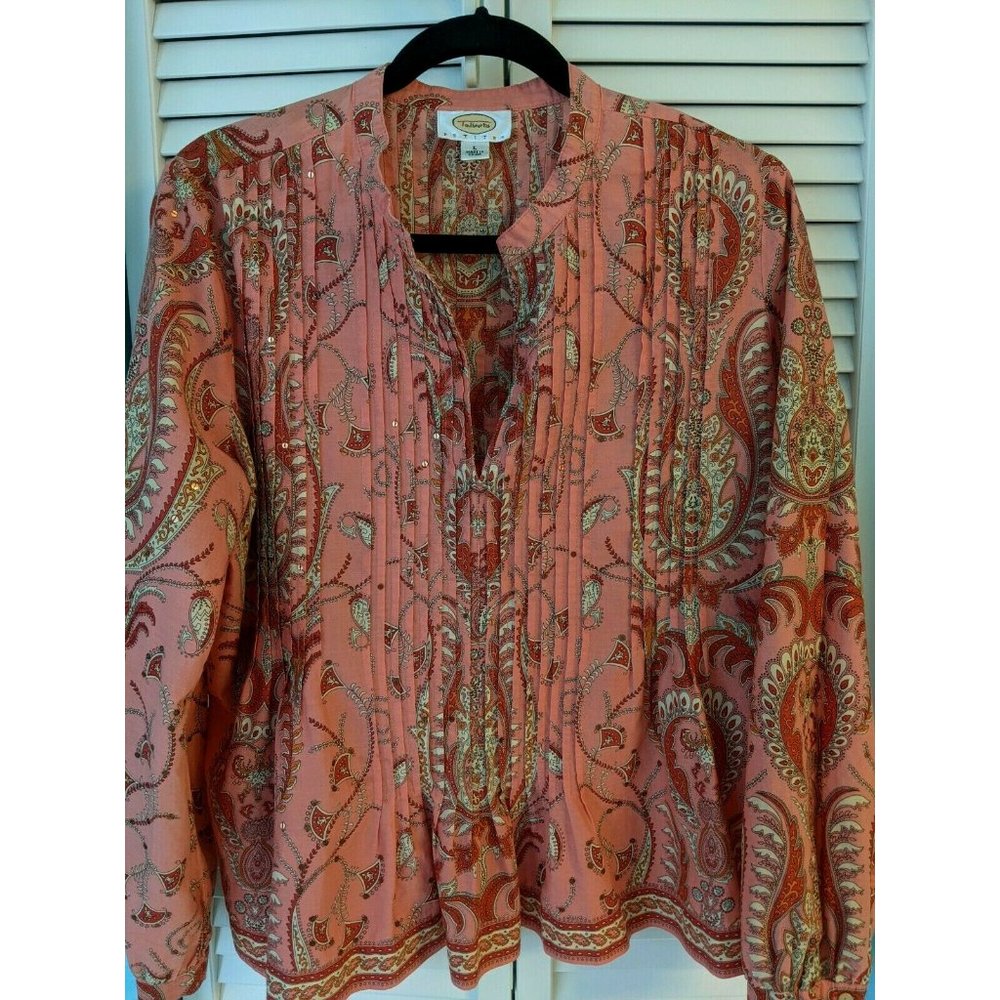 TALBOTS Boho Pleated Front V-Neck Blouse, Peach